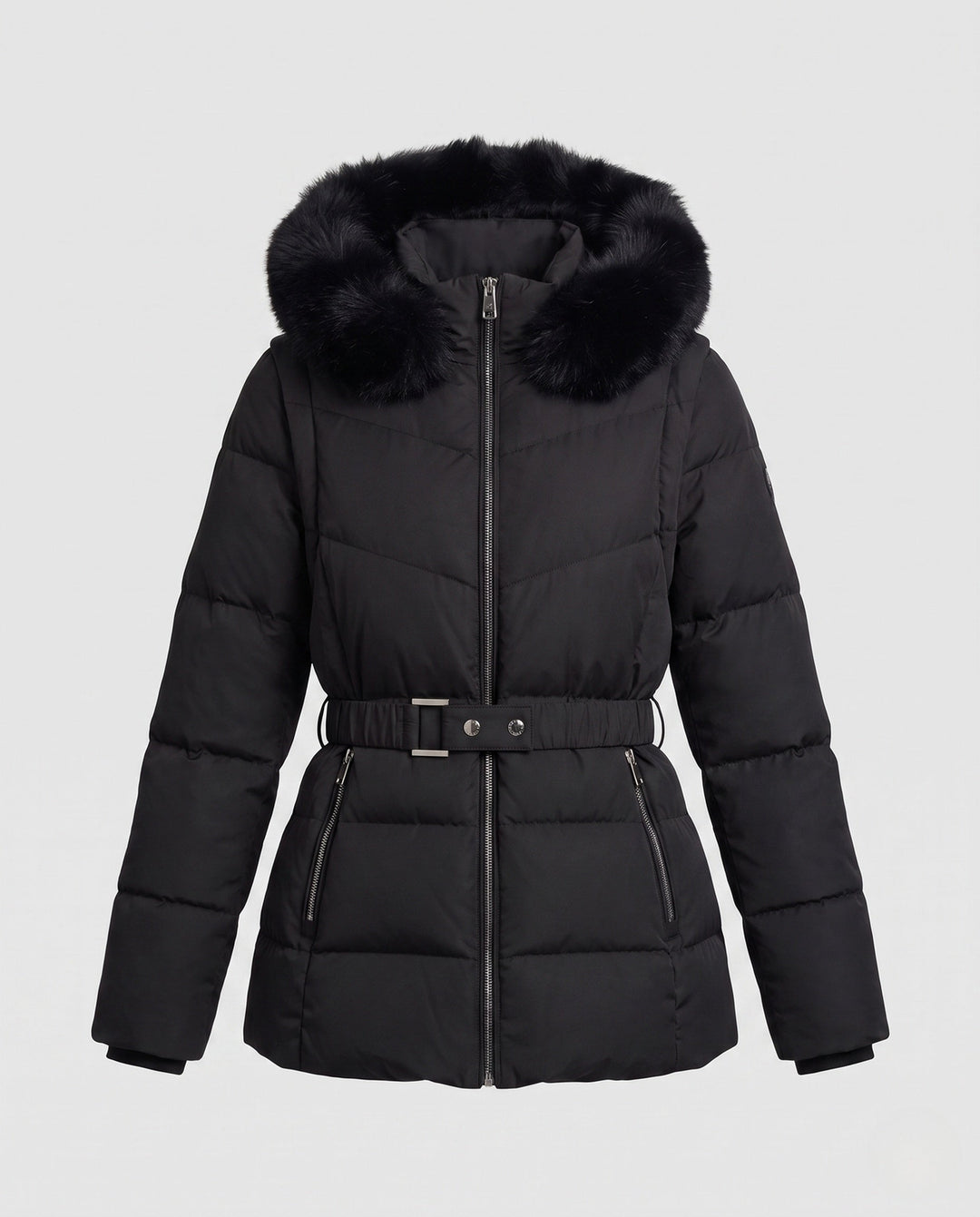 Dam Nano Quiltad Väst med Avtagbar Ärmar, Huva med Faux Fur Kant och Tailored Belt