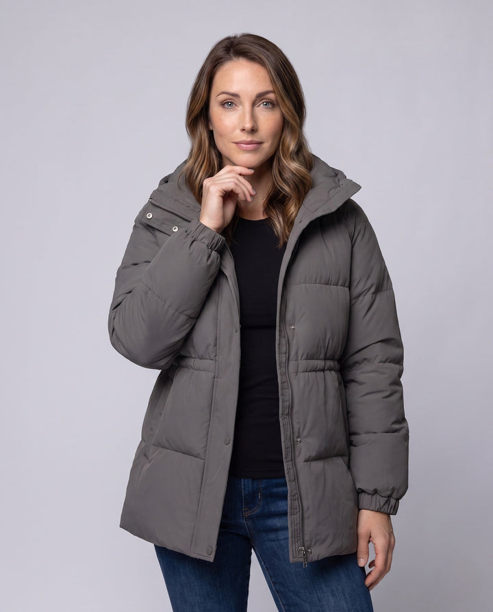 Dam Kompakt Outdoor Puffer Kappa med Hög Krage, Chin Skydd, och Elastic Muddar