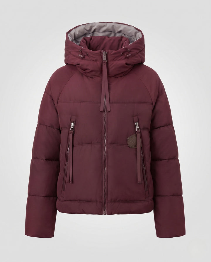 Dam Kort Quiltad Vadderad Jacka med Contrast Foder, Vadderad Huva och Dragkedja Fickor