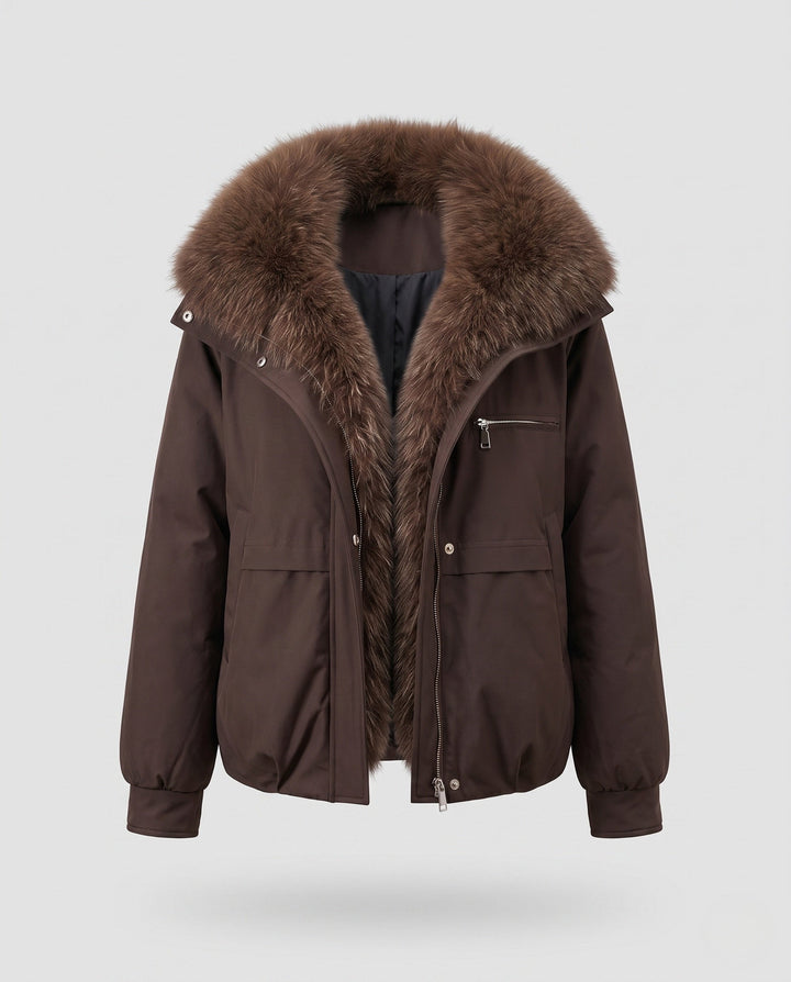 Dam Kort Quiltad Jacka med Voluminous Fur Krage, Zippered Chest Ficka och Elastic Muddar