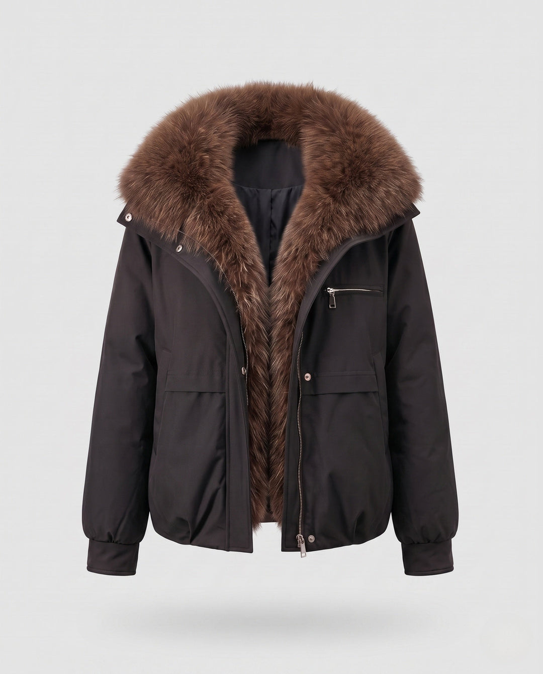 Dam Kort Quiltad Jacka med Voluminous Fur Krage, Zippered Chest Ficka och Elastic Muddar