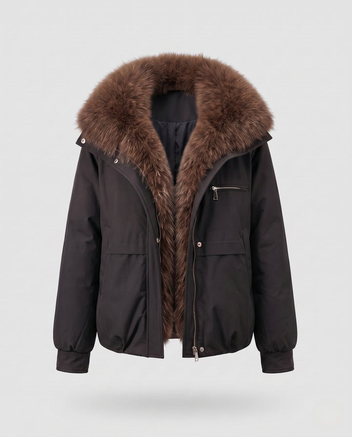 Dam Kort Quiltad Jacka med Voluminous Fur Krage, Zippered Chest Ficka och Elastic Muddar