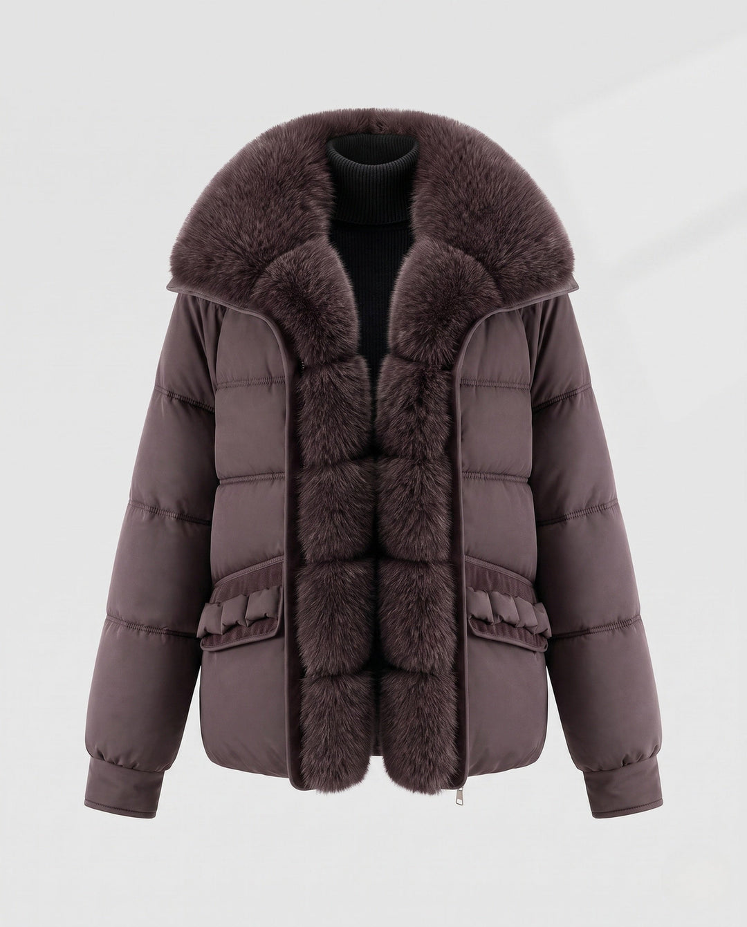 Dam Kort Quiltad Jacka med Voluminous Faux Fur Krage och Dekorativ Ruffle Fickor