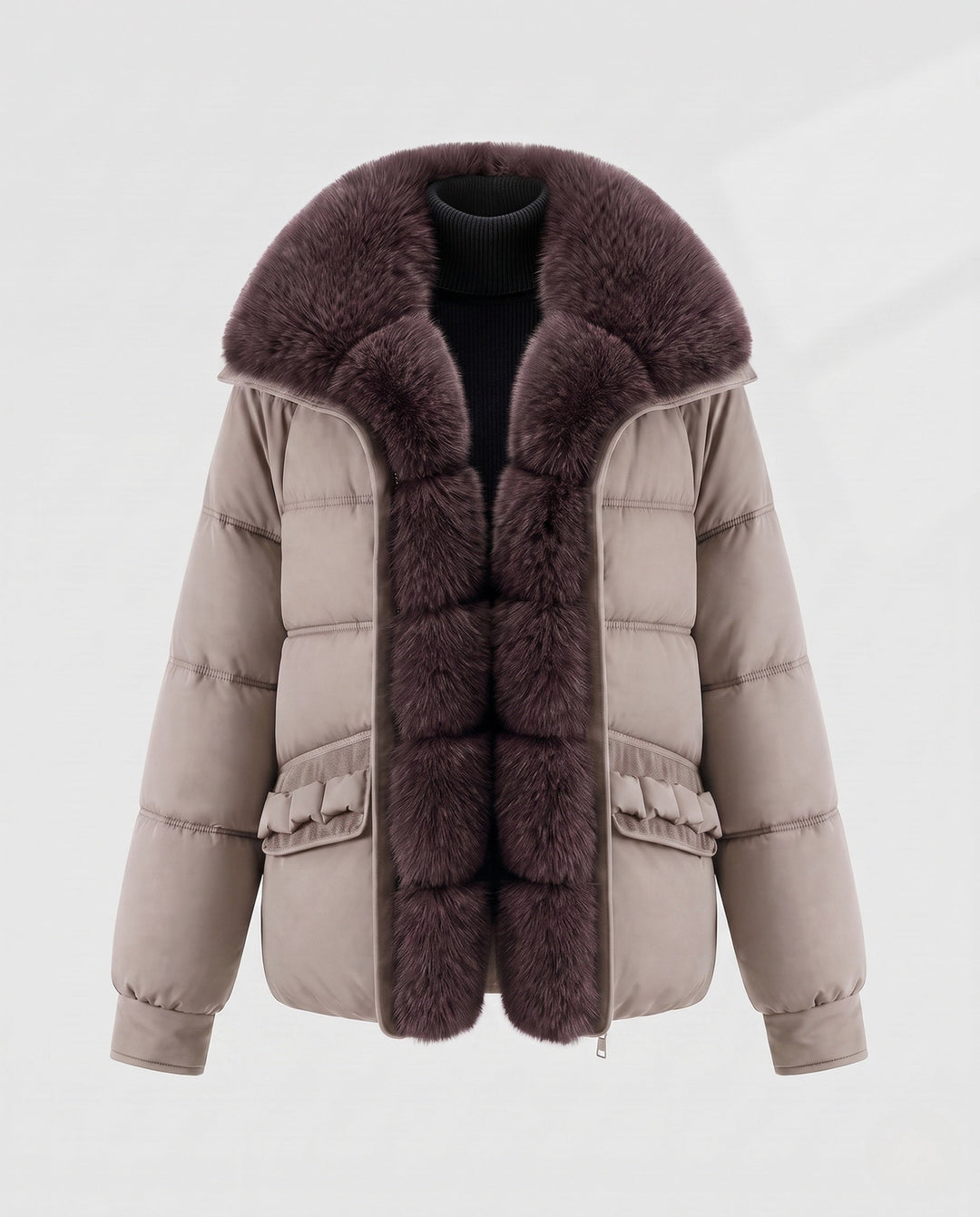 Dam Kort Quiltad Jacka med Voluminous Faux Fur Krage och Dekorativ Ruffle Fickor