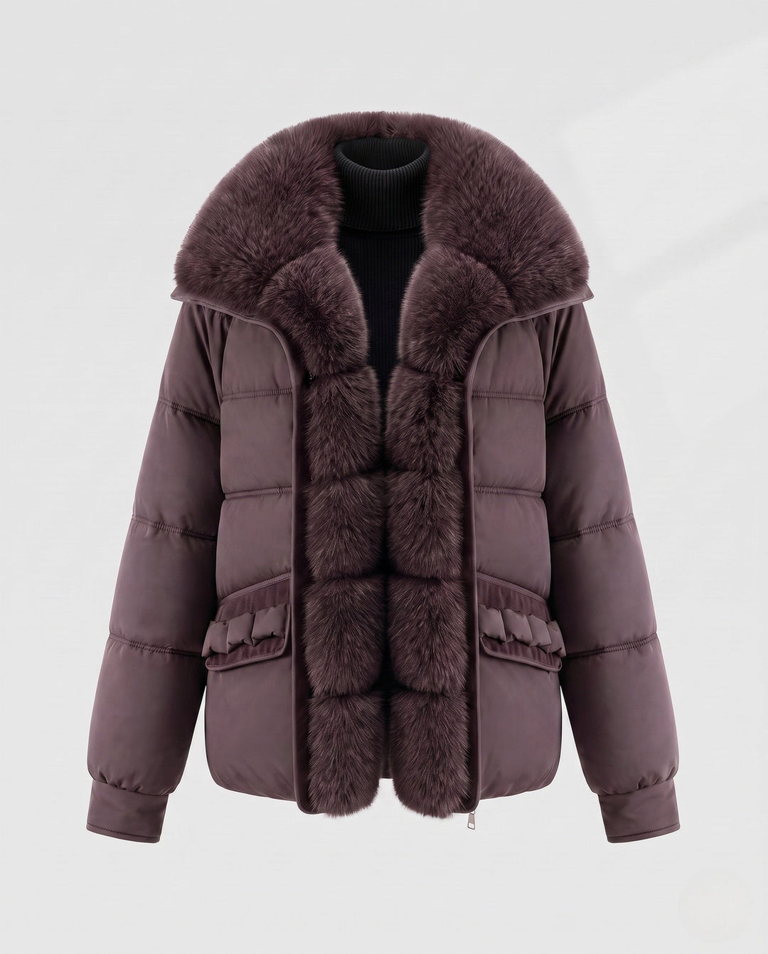 Dam Kort Quiltad Jacka med Voluminous Faux Fur Krage och Dekorativ Ruffle Fickor