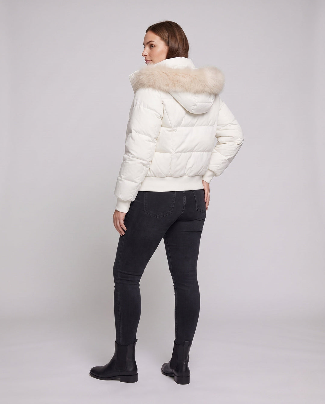Dam Kort Thermo Boxig Jacka med Hög Shawl Krage och Avtagbar Huva Kant