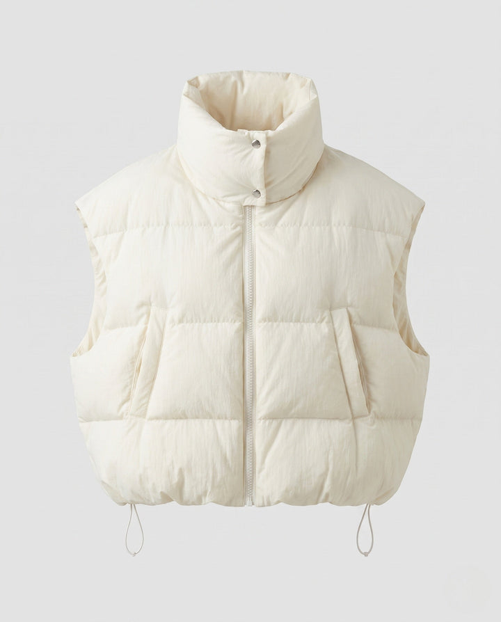Dam Kort Vadderad Sleeveless Puffer Väst med Extra Hög Standing Krage och Drawstring Nederkant