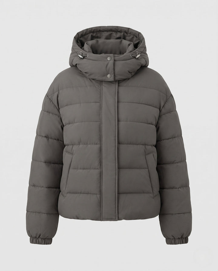 Dam Kort Vadderad Kort Quiltad Jacka med Hög Standing Krage och Vindtät Outer Shell