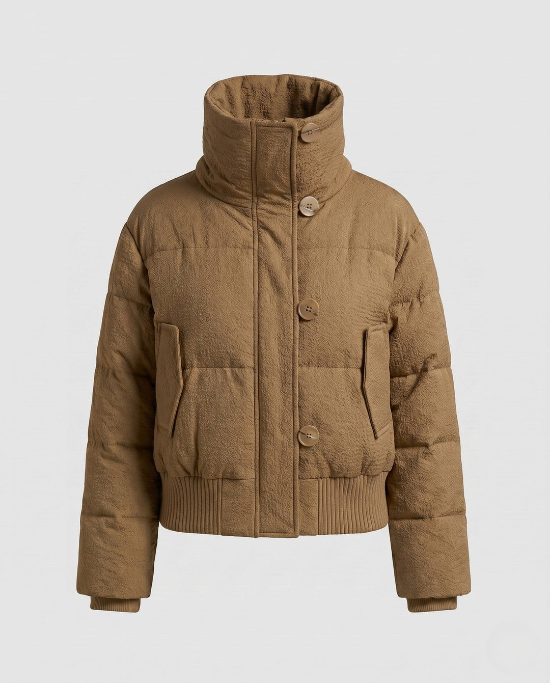 Dam Kort Vadderad Teddy Quiltad Jacka med Overlapping Stå Krage, Ribbed Nederkant, och Applied Lock Ficka