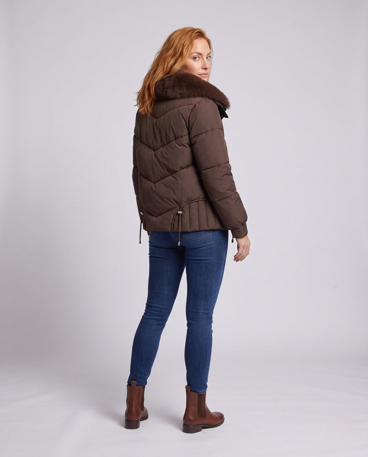 Dam Kort Boxig Puffer med Extra-Mjuk Shawl Krage i Faux Fur Look och Justerbar Nederkant
