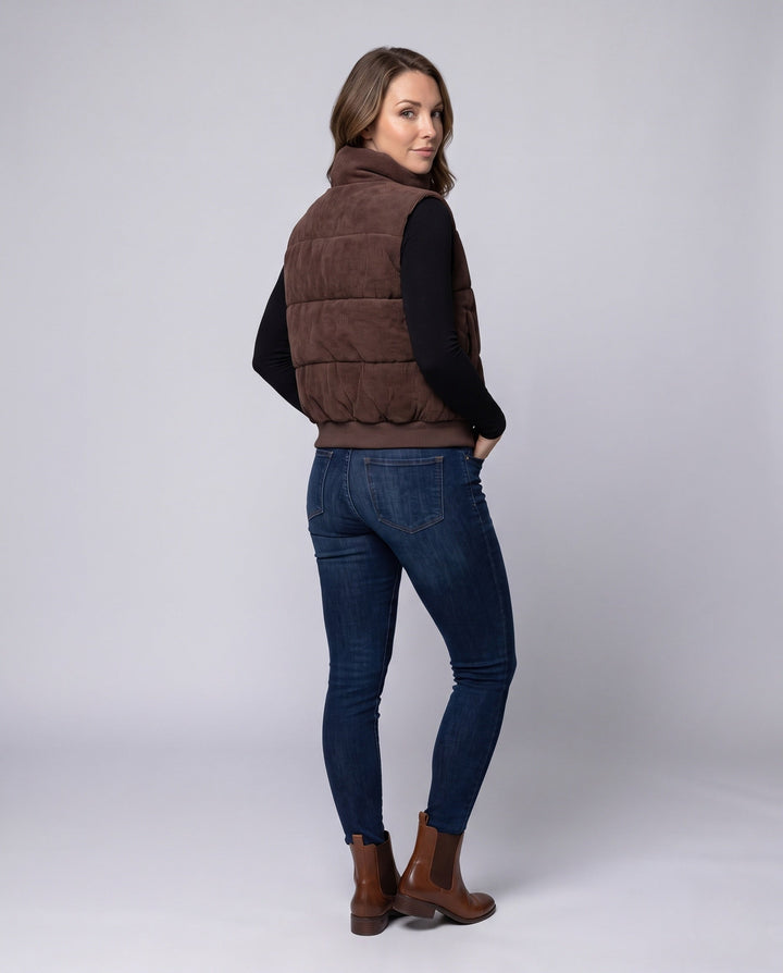 Dam Kort Corduroy Quiltad Väst med Hög Shawl Krage och Press Stud Knäppning