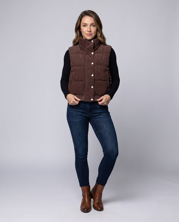 Dam Kort Corduroy Quiltad Väst med Hög Shawl Krage och Press Stud Knäppning