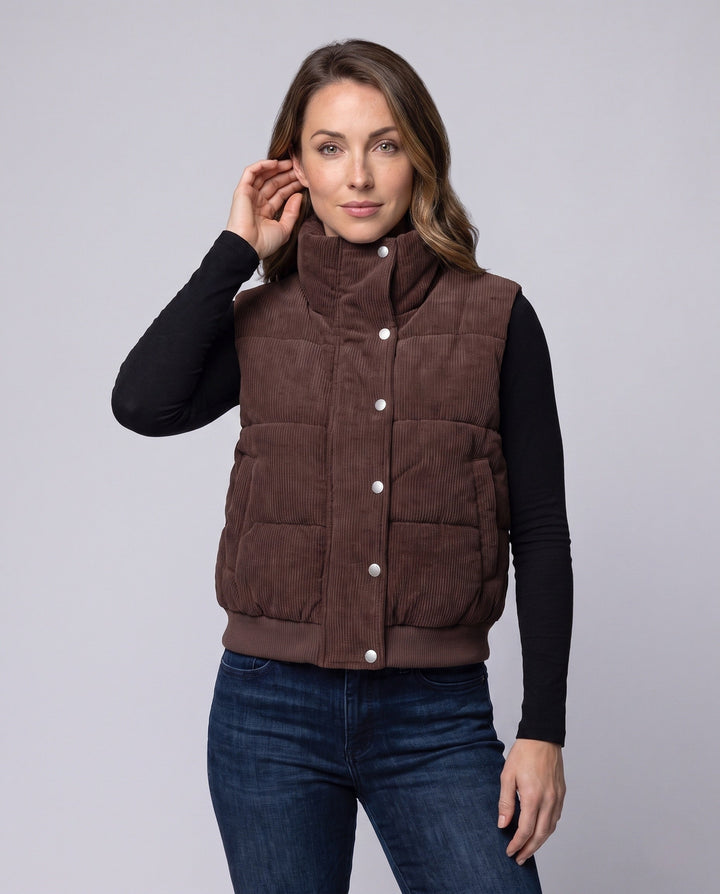 Dam Kort Corduroy Quiltad Väst med Hög Shawl Krage och Press Stud Knäppning