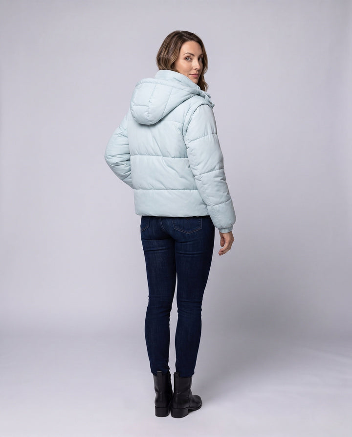 Dam Kort Quiltad Boxig Puffer med Huva, Justerbar Nederkant och Elastic Muddar