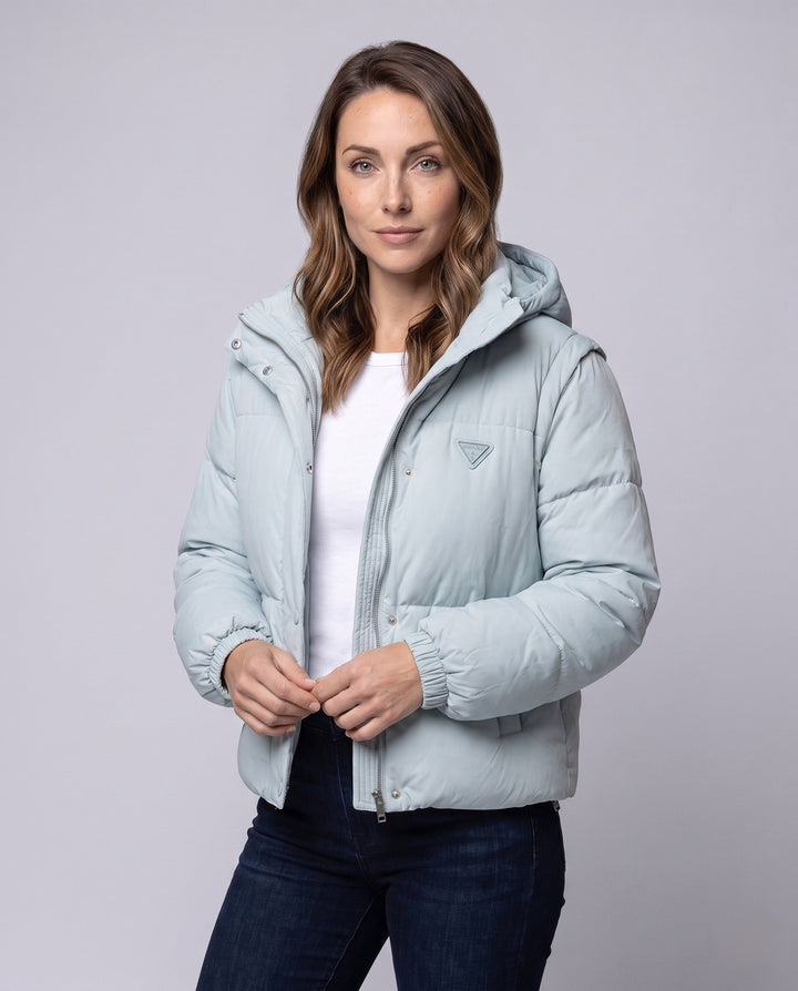Dam Kort Quiltad Boxig Puffer med Huva, Justerbar Nederkant och Elastic Muddar