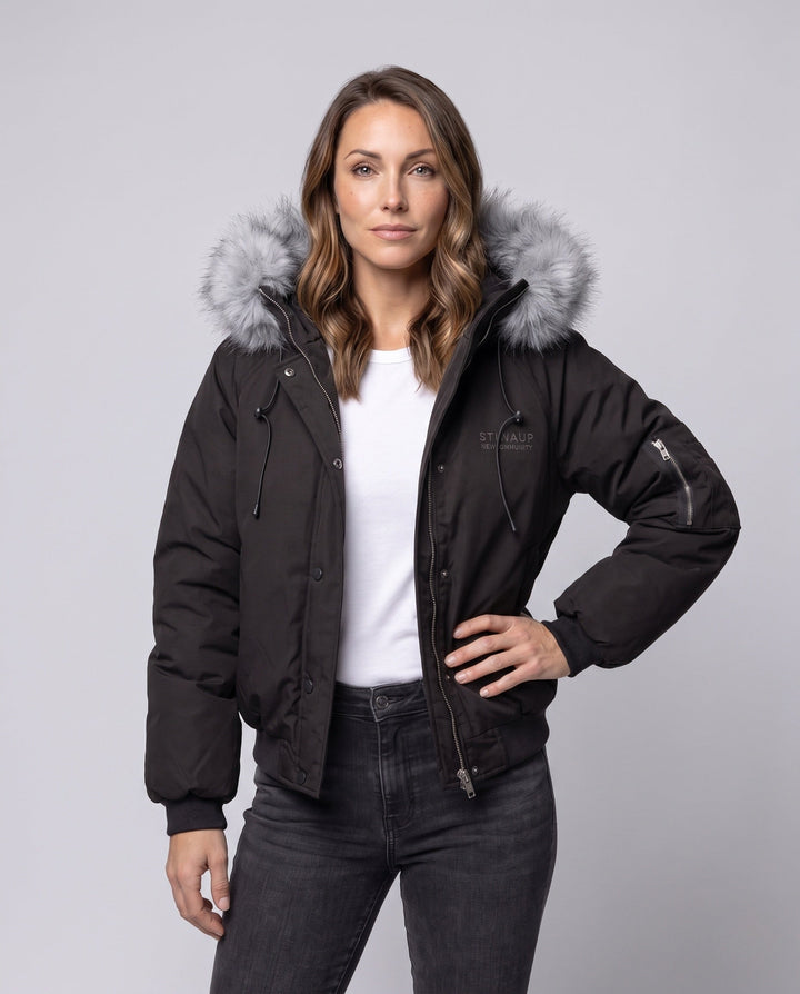 Dam Kort Quiltad Stad Bomber med Voluminous Huva, Drawstring, och Vindtät Termisk Foder