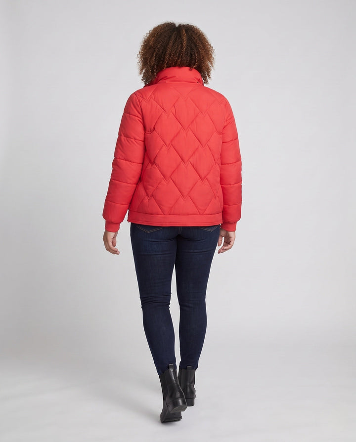 Dam Kort Quiltad Thermo Jacka med Geometric Quilting, Hög Krage, och Justerbar Nederkant