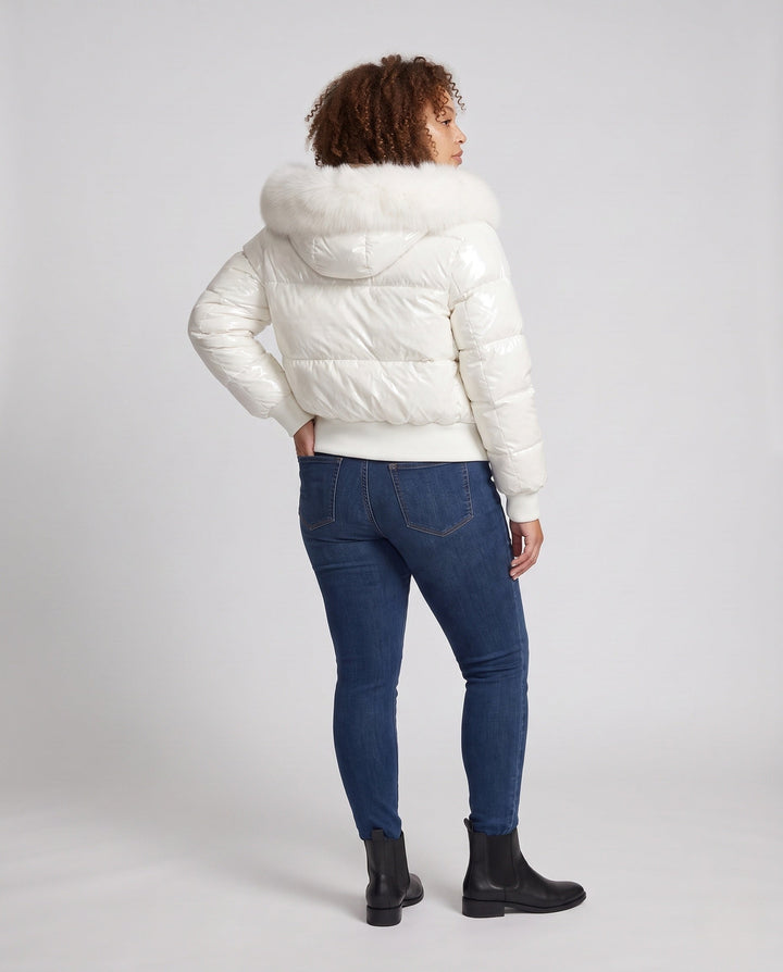 Dam Kort Shiny Pufferjacka med Oversized Konstpäls Huva och Teddy Foder
