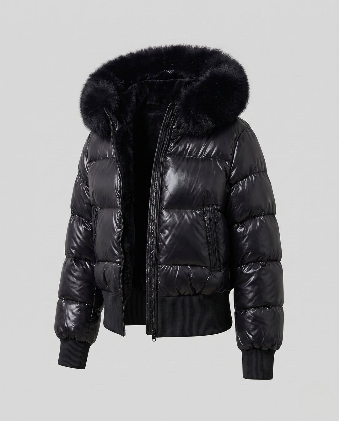 Dam Kort Shiny Pufferjacka med Oversized Konstpäls Huva och Teddy Foder