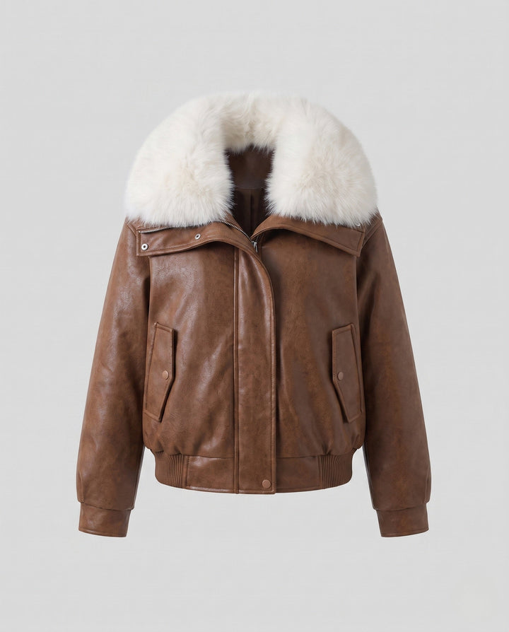 Dam Kort Lambskin Imitation Aviatorjacka med Voluminous Faux Fur Krage