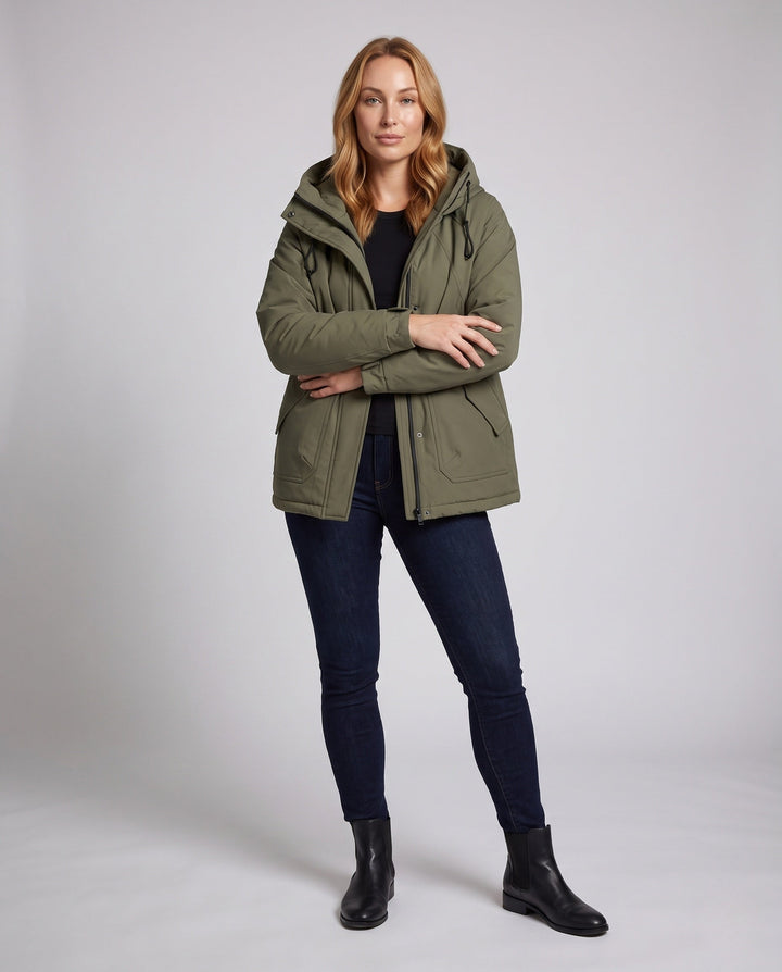 Dam Kort Thermo Travel Parka med Huva, Vadderad Quiltad Insulation och Contrasted Inner Foder