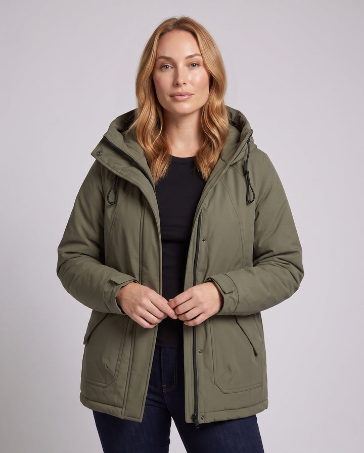 Dam Kort Thermo Travel Parka med Huva, Vadderad Quiltad Insulation och Contrasted Inner Foder