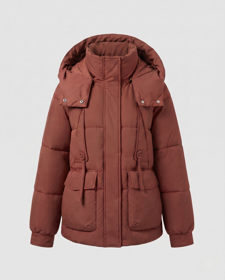 Dam Nano Kort Voluminous Thermo Blouse med Hög-Closing Stå Krage och Multifunctional Lock Fickor