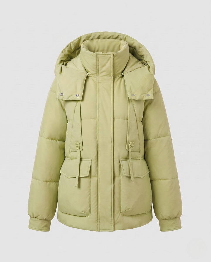 Dam Nano Kort Voluminous Thermo Blouse med Hög-Closing Stå Krage och Multifunctional Lock Fickor