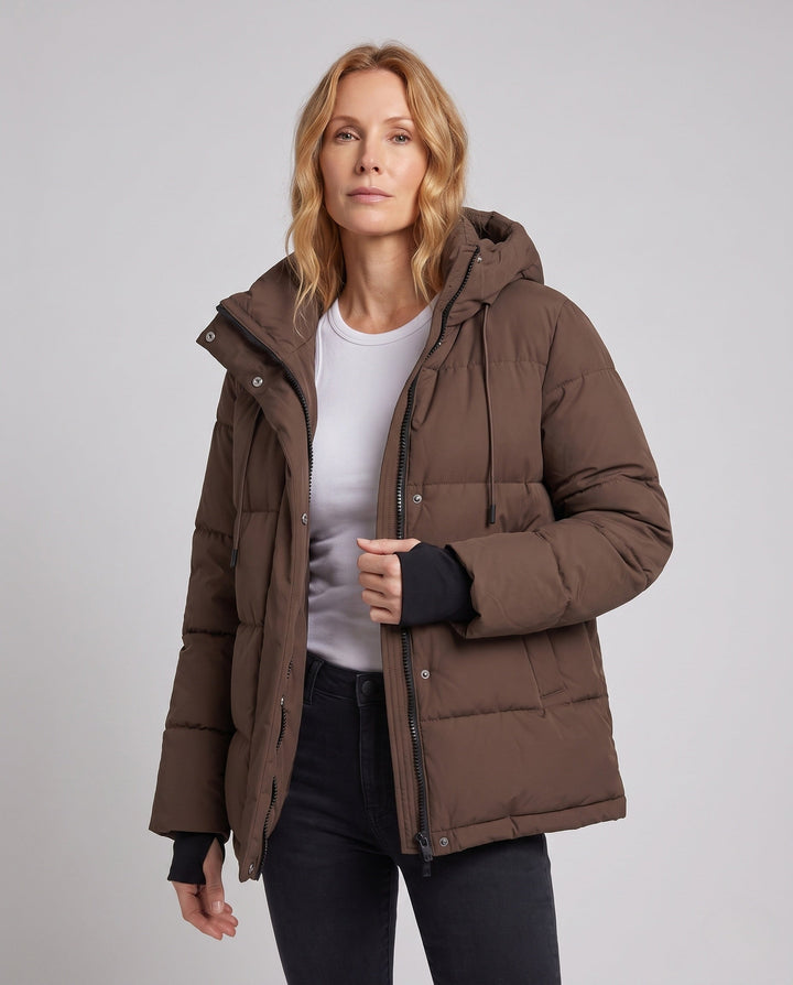 Dam Kort Vattenavvisande Vadderad Parka med Huva, Integrated Thumbholes, och Dold Dragkedja Fickor