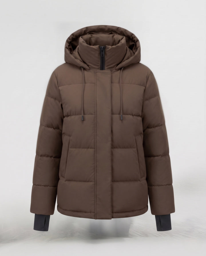 Dam Kort Vattenavvisande Vadderad Parka med Huva, Integrated Thumbholes, och Dold Dragkedja Fickor