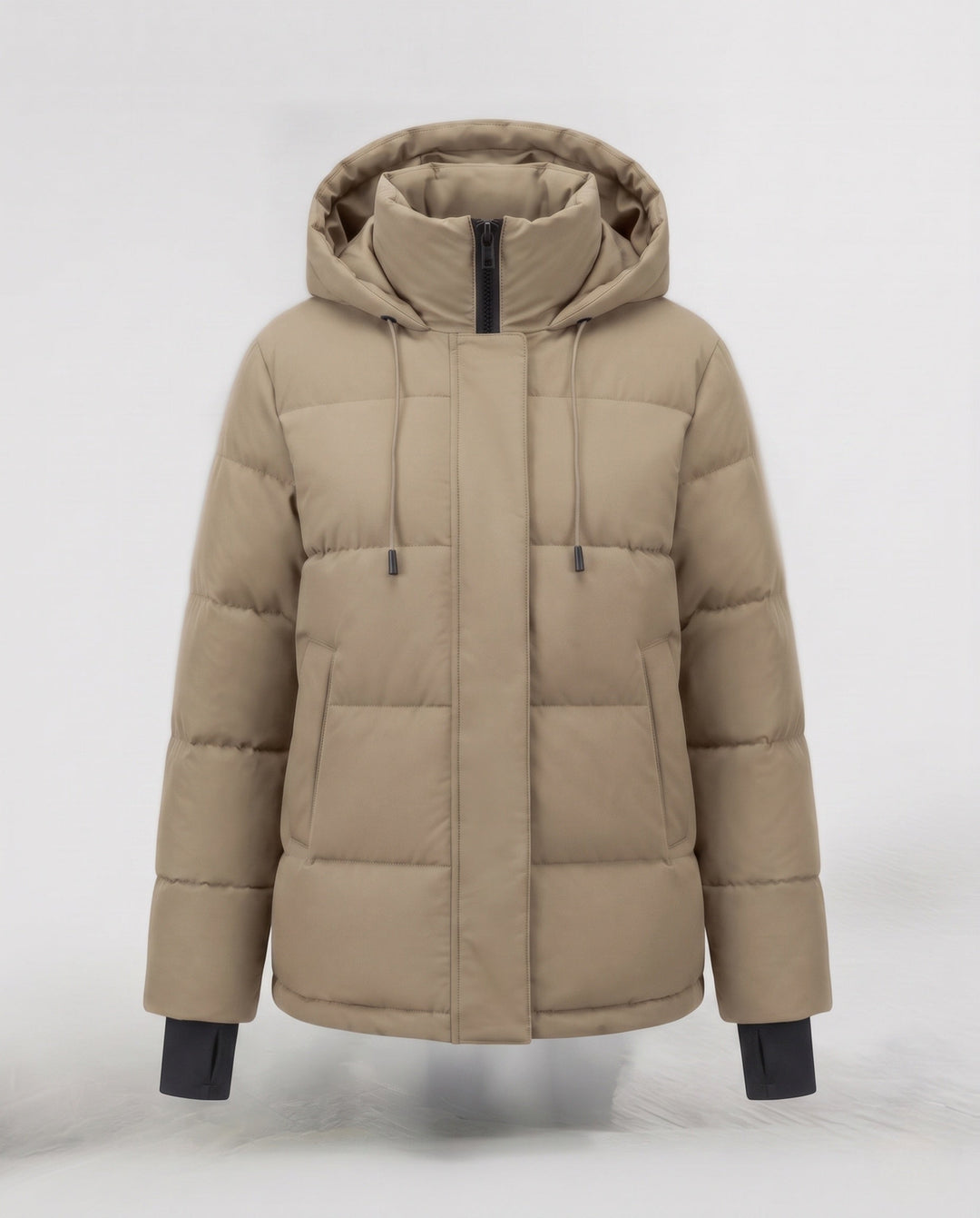 Dam Kort Vattenavvisande Vadderad Parka med Huva, Integrated Thumbholes, och Dold Dragkedja Fickor