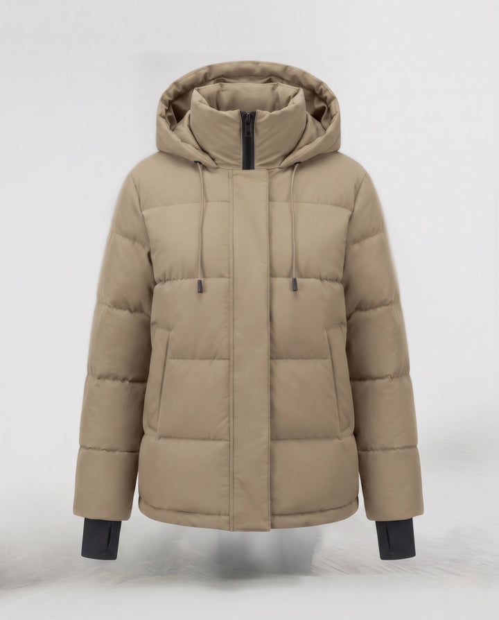 Dam Kort Vattenavvisande Vadderad Parka med Huva, Integrated Thumbholes, och Dold Dragkedja Fickor