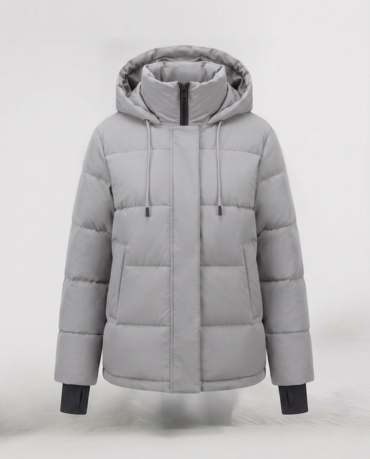 Dam Kort Vattenavvisande Vadderad Parka med Huva, Integrated Thumbholes, och Dold Dragkedja Fickor
