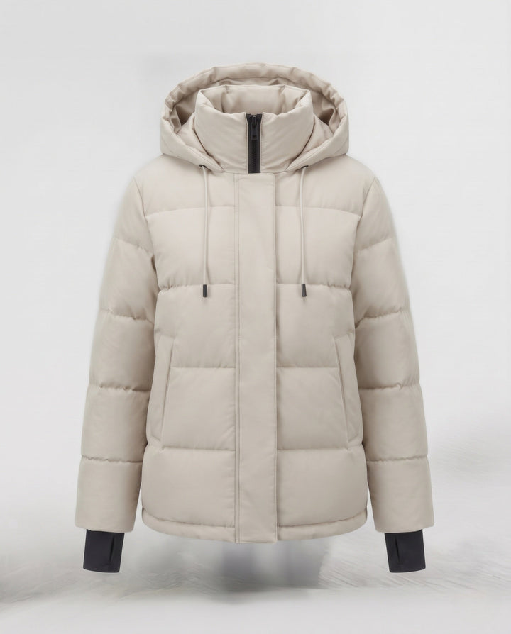 Dam Kort Vattenavvisande Vadderad Parka med Huva, Integrated Thumbholes, och Dold Dragkedja Fickor