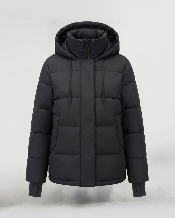 Dam Kort Vattenavvisande Vadderad Parka med Huva, Integrated Thumbholes, och Dold Dragkedja Fickor