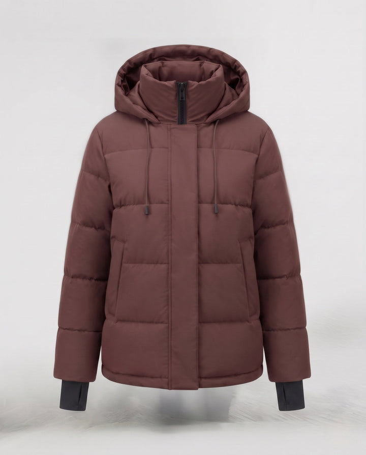 Dam Kort Vattenavvisande Vadderad Parka med Huva, Integrated Thumbholes, och Dold Dragkedja Fickor