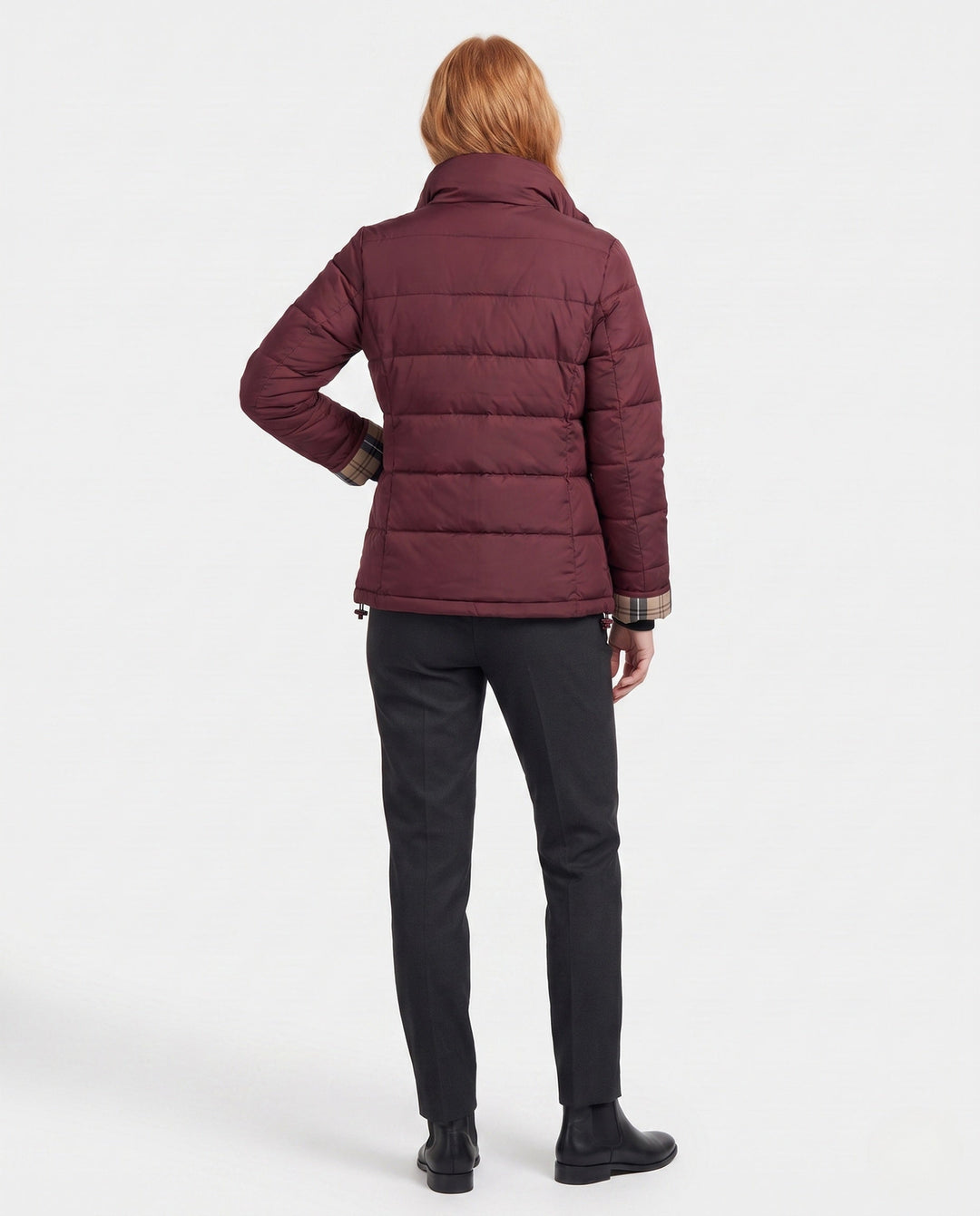 Dam Kort Vadderad Boxig Blouson med Checked Foder, Hög Krage och Patch Lock Fickor