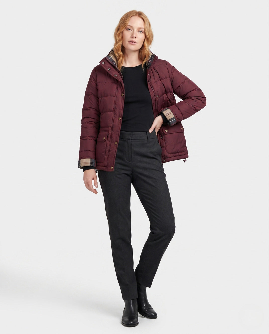 Dam Kort Vadderad Boxig Blouson med Checked Foder, Hög Krage och Patch Lock Fickor