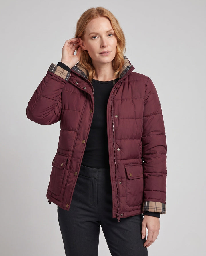 Dam Kort Vadderad Boxig Blouson med Checked Foder, Hög Krage och Patch Lock Fickor