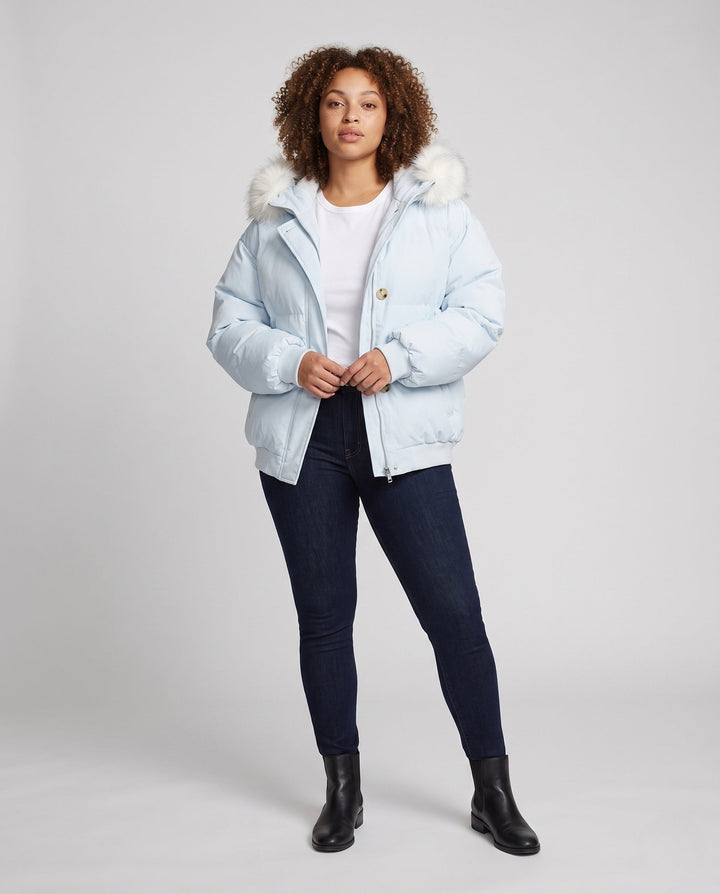 Dam Kort Vadderad Stad Puffer med Voluminous Faux Fur Huva och Ärm Ficka
