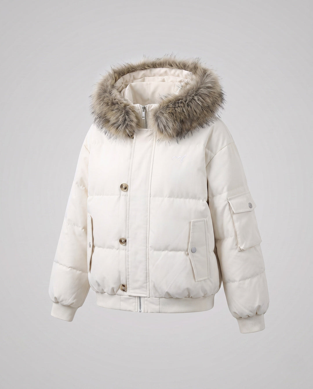 Dam Kort Vadderad Stad Puffer med Voluminous Faux Fur Huva och Ärm Ficka