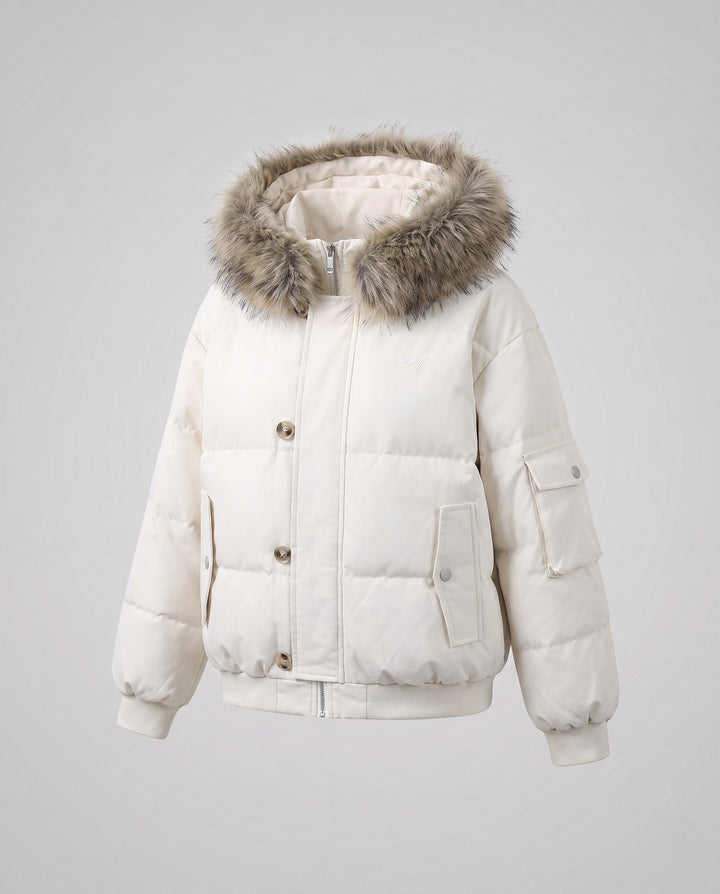 Dam Kort Vadderad Stad Puffer med Voluminous Faux Fur Huva och Ärm Ficka