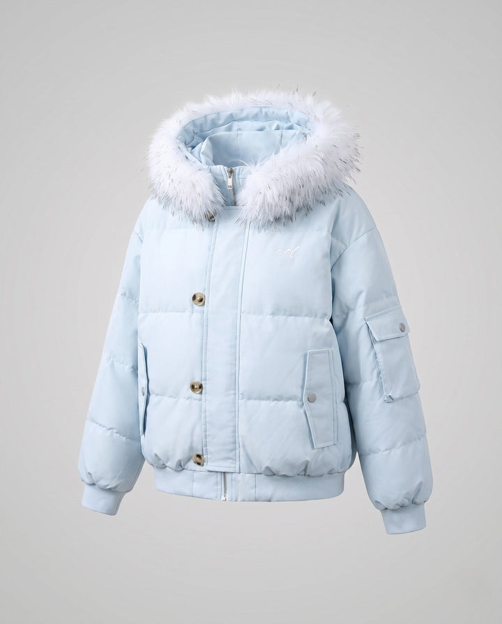 Dam Kort Vadderad Stad Puffer med Voluminous Faux Fur Huva och Ärm Ficka
