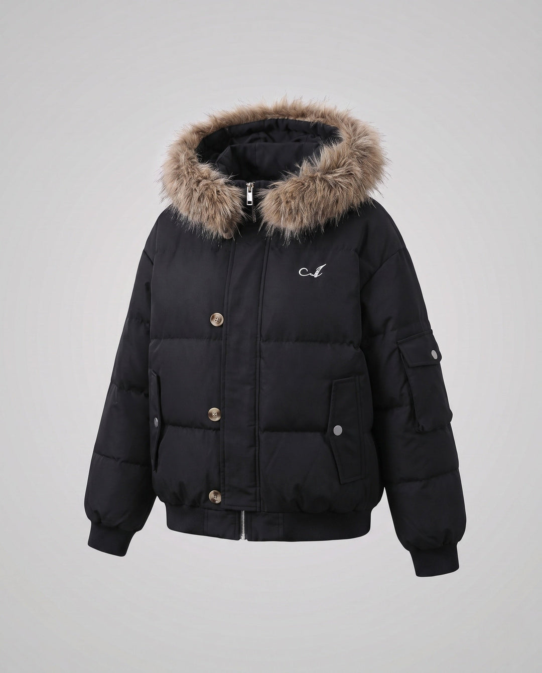 Dam Kort Vadderad Stad Puffer med Voluminous Faux Fur Huva och Ärm Ficka