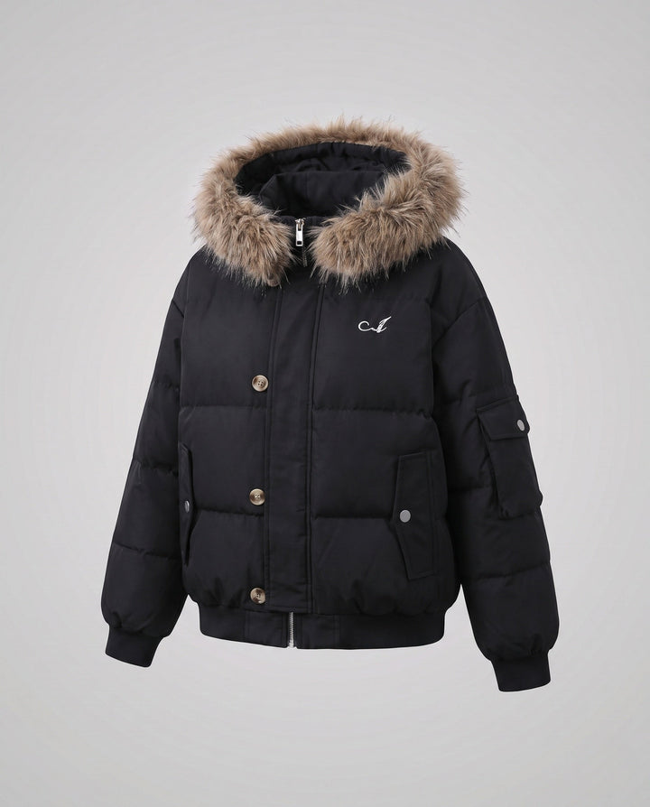 Dam Kort Vadderad Stad Puffer med Voluminous Faux Fur Huva och Ärm Ficka