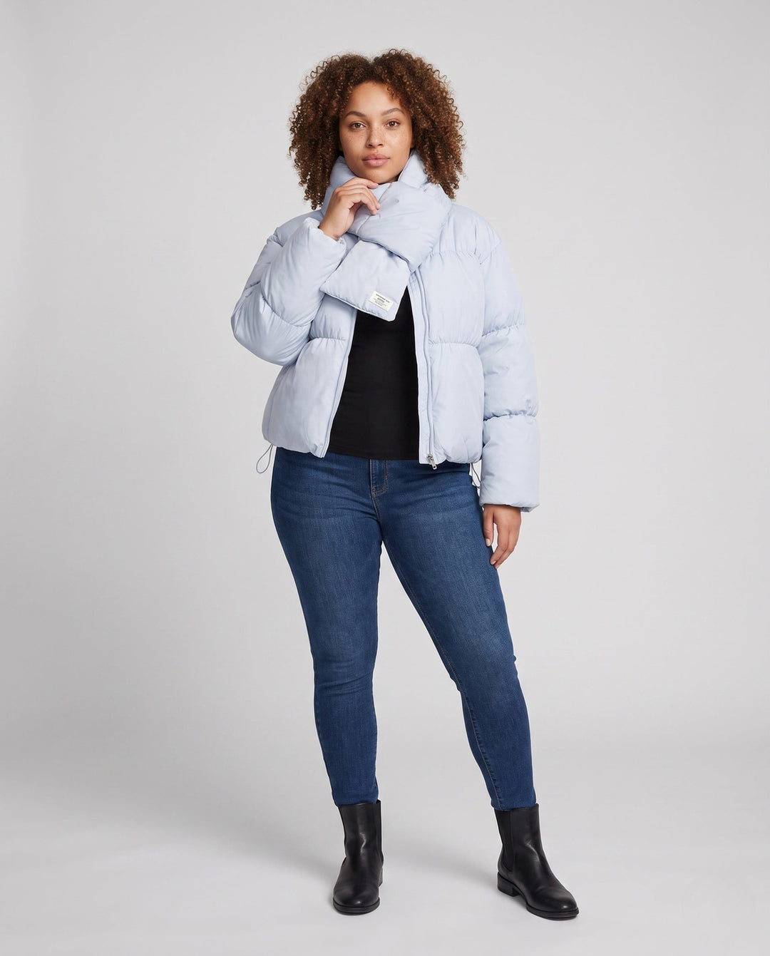 Dam Kort Vadderad Puffer med Integrated Shawl Krage och Voluminous Ärmar