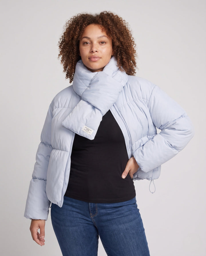 Dam Kort Vadderad Puffer med Integrated Shawl Krage och Voluminous Ärmar