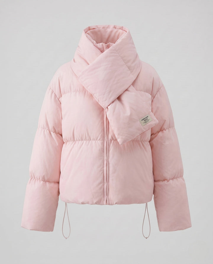 Dam Kort Vadderad Puffer med Integrated Shawl Krage och Voluminous Ärmar