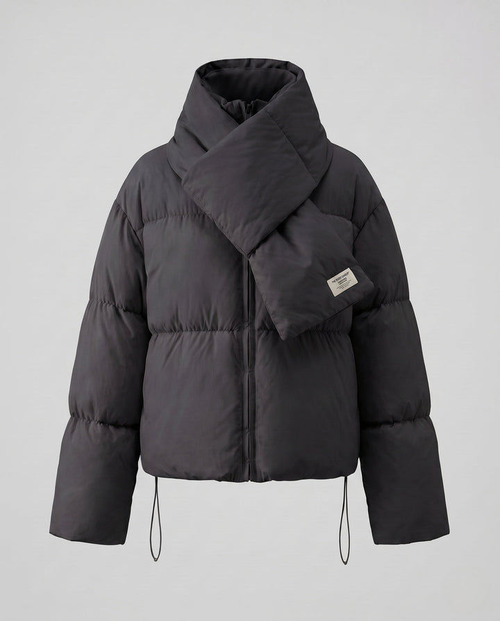 Dam Kort Vadderad Puffer med Integrated Shawl Krage och Voluminous Ärmar