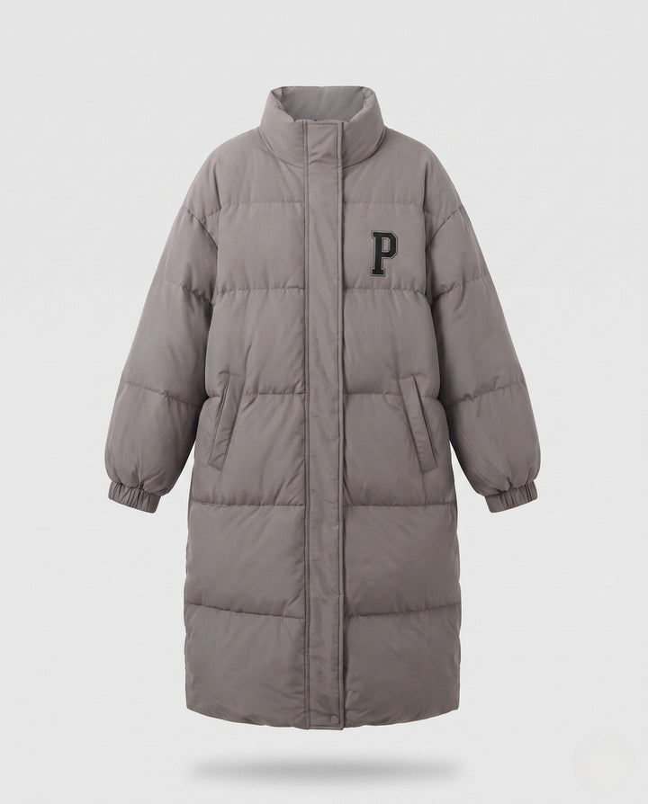Dam Longer Boxig Thermo Puffer med Hög Stå Krage, College Patch, och Noise-Reducing Outer Shell